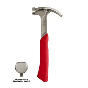 Smooth Face Hybrid Claw Hammer 12 oz. D-Shaped Face Precision Balanced Design Curved Claw Steel Head Steel Handle Red Grip