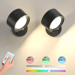 RGB Wall Lamp with Remote Control, Touch Long Press Switch, Rechargeable Reading Light, Magnetic 360° Rotating Cordless Spotlight