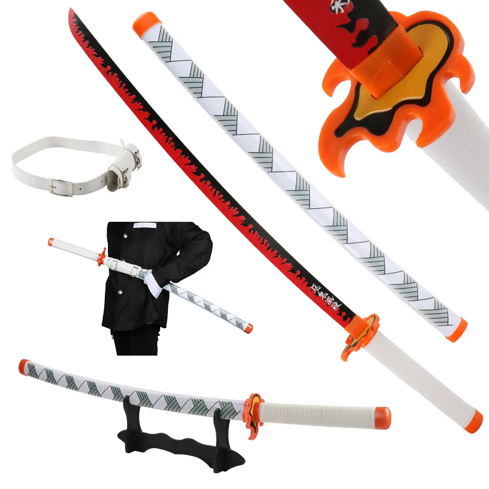 Rengoku Kyoujurou Demon Slayer Sword, 41-Inch Bamboo Cosplay Katana with Dull Blade, Includes Belt and Display Stand for Role Playing & Collection, Cosplay Play, 41 In, Birthday, Plastic, Birthday Gift, Decoration, Anime, Katana Sword