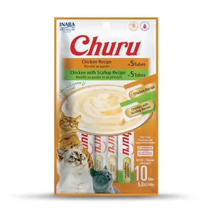 INABA Churu Cat Treats, Lickable, Squeezable Creamy Purée Cat Treat with Green Tea Extract & Taurine, 0.5 Ounces Each Tube, 10 Tubes, Chicken Variety