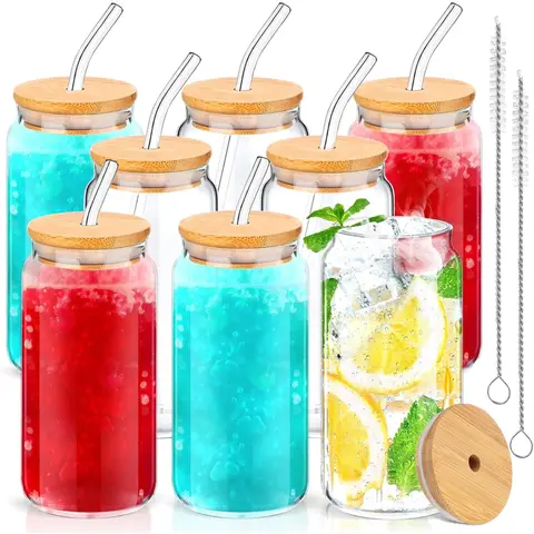 8 Pcs Glass Cup with Bamboo Lid and Straw Set 16 oz Cups with 2 Cleaning Brushes Iced Coffee, Soda, Tea, Water Drinkware Jar Reusable Glass Cups