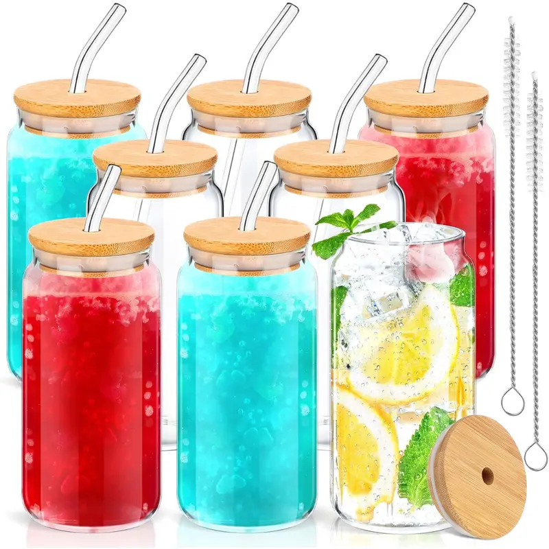 8 Pcs Glass Cup with Bamboo Lid and Straw Set 16 oz Cups with 2 Cleaning Brushes Iced Coffee, Soda, Tea, Water Drinkware Jar Reusable Glass Cups