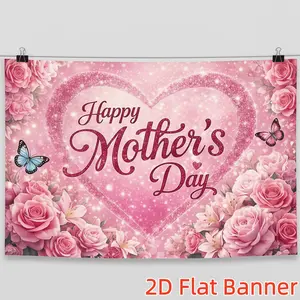 1PC,2D Flat Customize Backdrop Mother's Day Decorative Backdrop, Romantic Pink Heart with Flowers and Butterflies Theme, Backdrop for Festival Party Scene Decoration, Warm Family Gathering Decor Supp