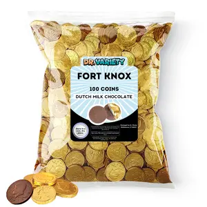 Dr. Variety Belgian Milk Chocolate Gold Coins Bulk (100 Count) - Large 1.5in Gourmet Gold Wrapped Chocolates - Holiday Candy