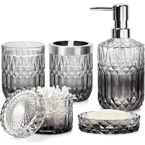 Bathroom Accessories Set, 5Pcs Bathroom Soap Dispenser Set, Glass Bathroom Accessories with Glass Soap Dispenser, Soap Dish, Toothbrush Holder, Tumbler, Cotton Swab Jar (Gradient Clear & Black)