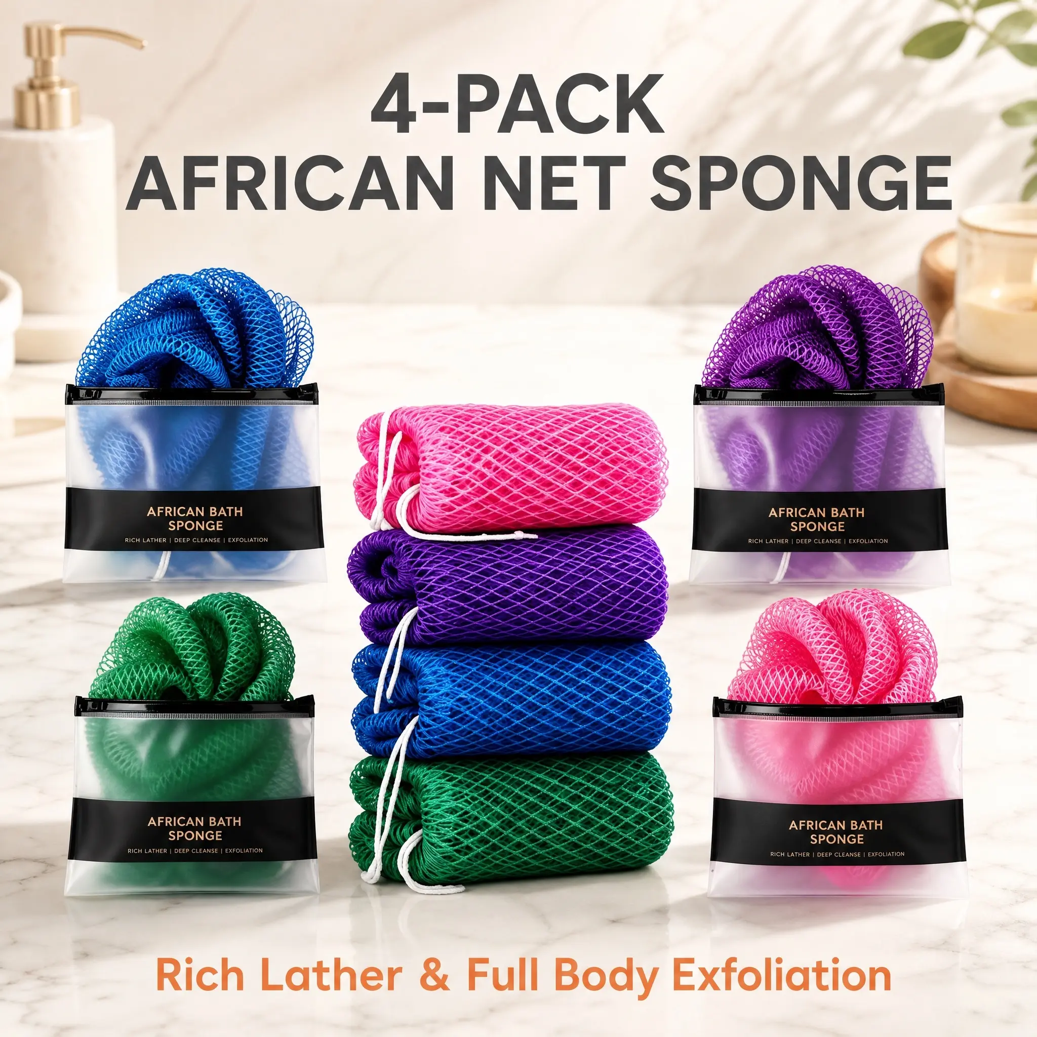 4PCS African Exfoliating Net Sponge, Exfoliating Body Scrubber Bath Sponge - Loofah Washcloth Back Scrub for Shower Body Exfoliator - Face & Skin Care Bathroom Essentials for Men and Women