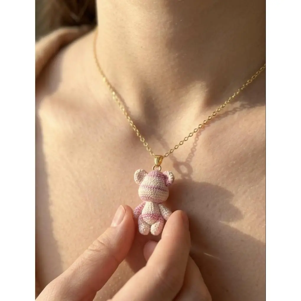 Micro Crochet Pink Bear Necklace - Adorable Handmade Jewelry for Women
