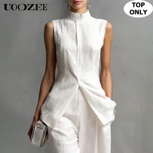 UOOZEE Women's Formal Elegant Sleeveless High Neck Button-Down Peplum Workwear Shirt - Linen-Cotton-Polyester-Rayon Fabric, Fitted Waist, Flared, Non-Stretchy, Comfortable Minimalist Top, Pockets, Size Up for Curvy Figures (Work/Casual Style)