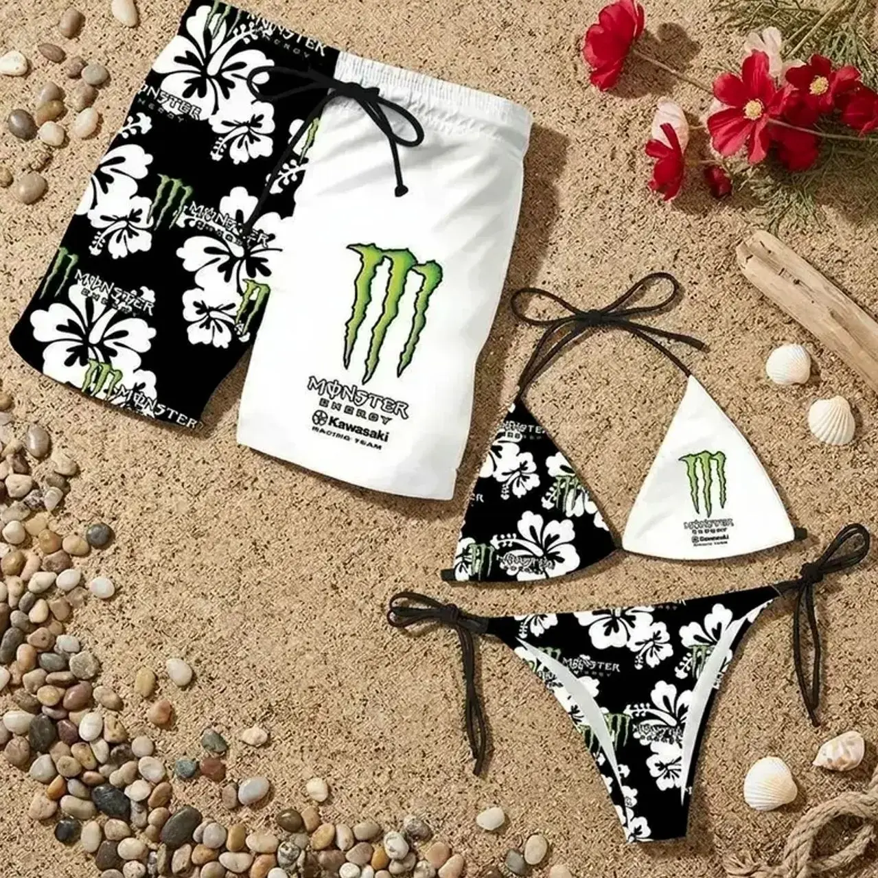 Matching Monster Floral Couple Swimwear Set - Women's Swim Bra & Tie-Side Thong Bikini, Men's Beach Shorts, Summer Vacation Hawaiian Sports Swimwear