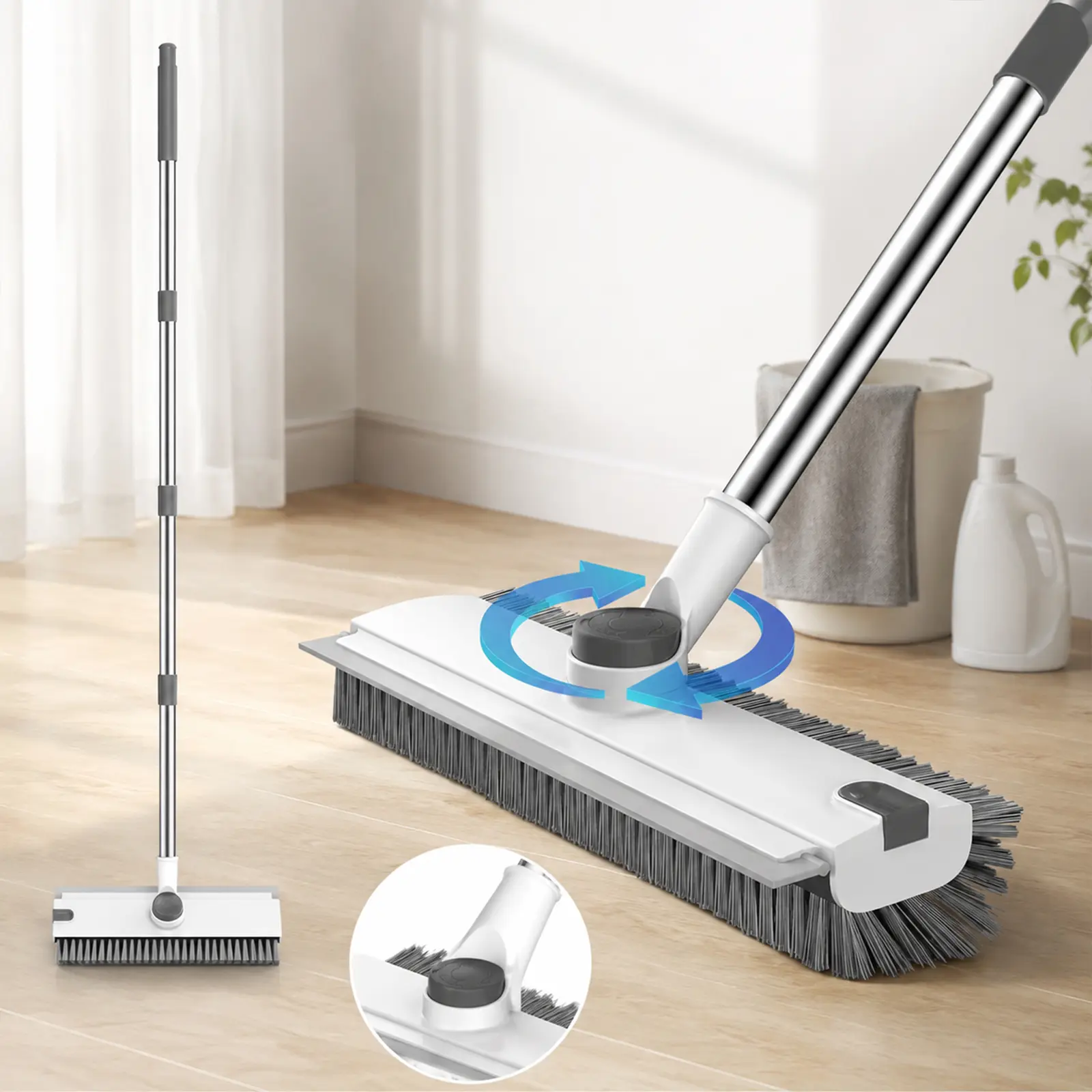 Heavy Duty 3-in-1 Rotatable Long Handle Floor Scrub Brush - Adjustable Stainless Steel Handle, 360° Bristle, Smooth Multi-Surface Tool for Tile, Concrete, Bathroom - Home Cleaning Supplies