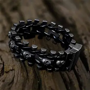 GTHIC Vintage Woven Stainless Steel Skull Bracelet For Men Daily Wear Biker Rider Gift