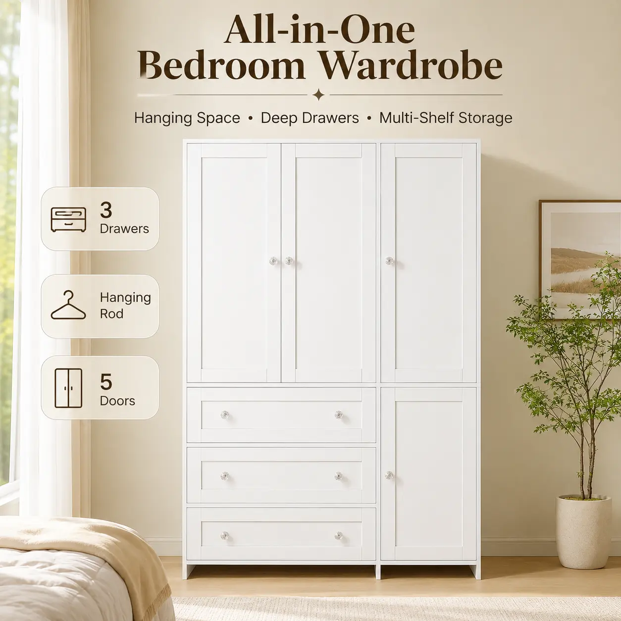Wooden Wardrobe Closet Armoire, Freestanding Bedroom Storage Cabinet with 5 Doors, Hanging Rod, 3 Drawers and Shelves, White, Ships in 2 Packages