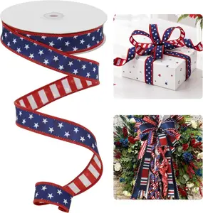 1-Inch Stars and Stripes Reversible Dupioni Wired Ribbon, Patriotic Wire-Edge Ribbon for 4th of July, Home Decor & Bows Making DIY Crafts - Continuous 10 yds