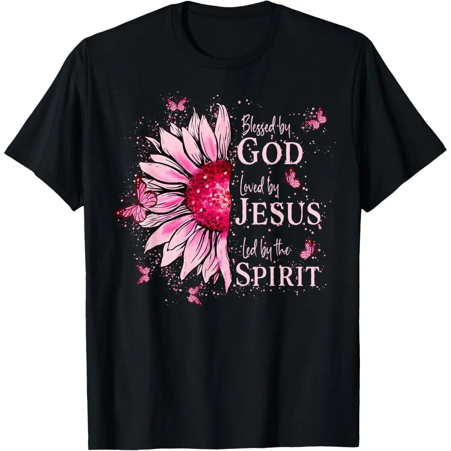 Blessed By God - Loved By Jesus Pink Sunflower T-Shirt