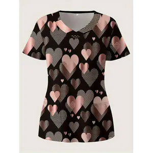 Women's Elegant V-Neck Oversized Regular-Length All-Over Heart Print Scrub Top - High-Quality Short-Sleeve Workwear with Functional Pocket, Polyester Fabric, Lady's Women's Clothes