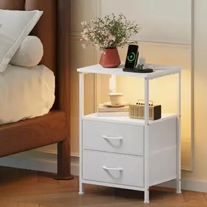 LED Nightstand with Charging Station,Night Stand with 2 Drawers,Bedside Tables,Space-Saving End Table with USB Ports for Apartmet,Living Room,Bedroom Furniture,Back to School