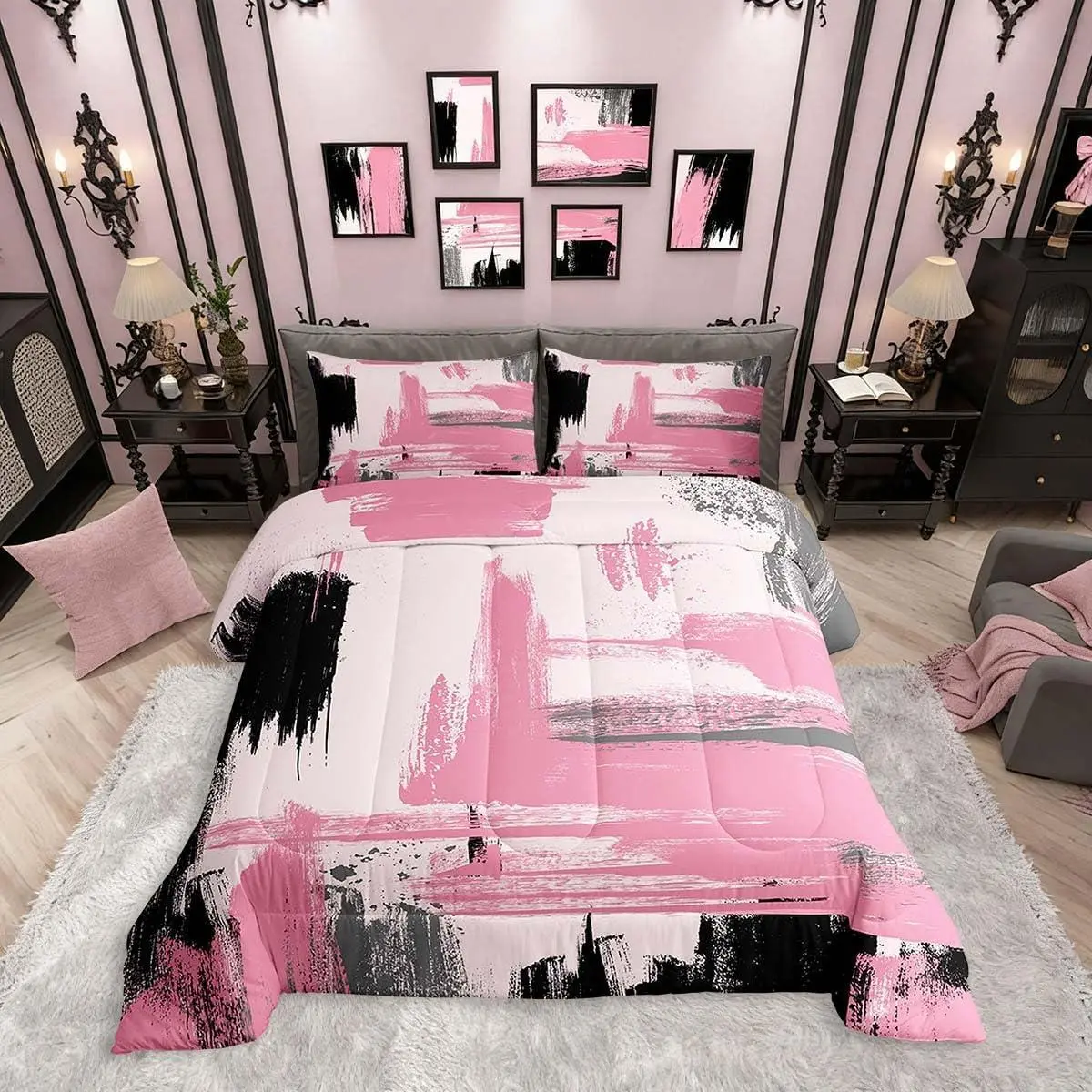 Abstract Pink Comforter Set,Girly Black and Pink Comforter Set for Teens Girls Kids Geometric Modern Bedding Set,Minimalists Modern Striped Art Bed Set,for Women Men