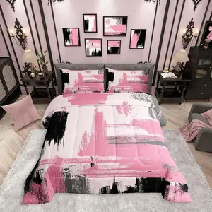 Abstract Pink Comforter Set,Girly Black and Pink Comforter Set for Teens Girls Kids Geometric Modern Bedding Set,Minimalists Modern Striped Art Bed Set,for Women Men