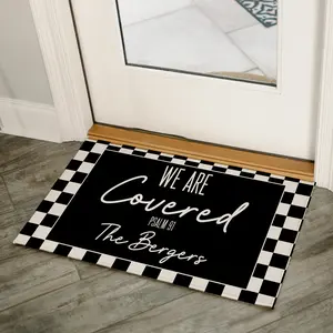 Personalized Psalm 91 Checkered Print "We Are Covered" Door Mat Custom Family Name Scripture Rug Christian Home Decor Gift Christmas Faith Gift Welcome Mat