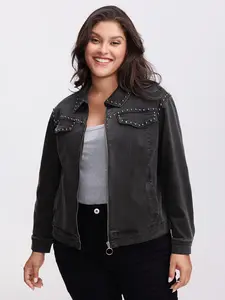 【Transitional Jacket 】Bloomchic Women's Denim Chest Flap Zipper Jacket - Cotton, Long Sleeve, Pocket, Womenswear Coat - Ideal Gift for Spring Break, Mother's Day