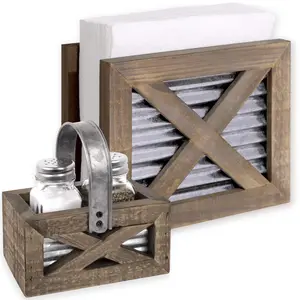 Autumn Alley Barn Door Napkin Holder & Salt and Pepper Set - Space-Saving Farmhouse Style Wooden & Metal Accents for Kitchen Decor