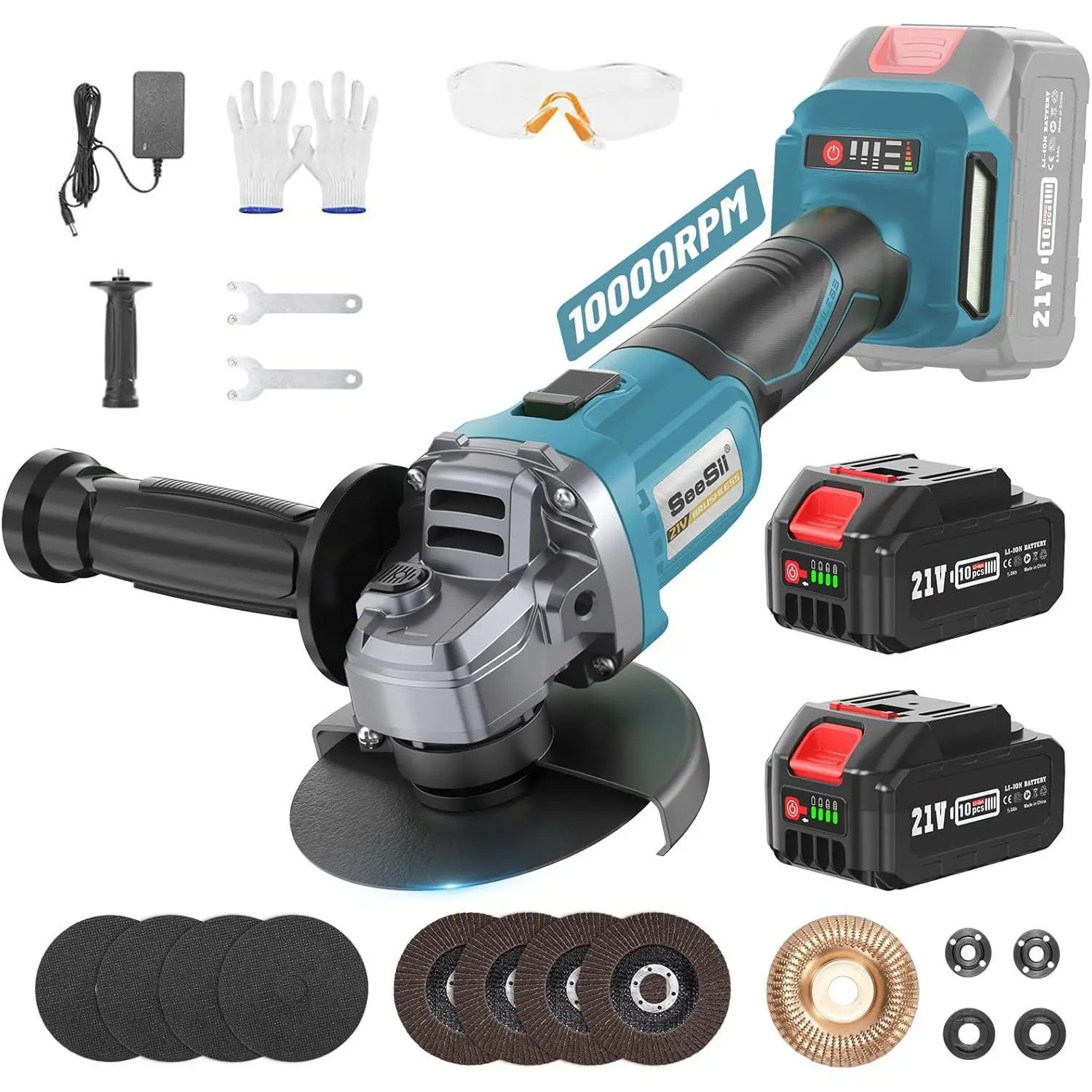 SEESII Cordless Angle Grinder Kit with 2x4.0Ah Batteries, 10000RPM Brushless Electric Metal Grinder w/ 4-1/2" Cutting Wheel, Flap Wheel, and Wool Carv