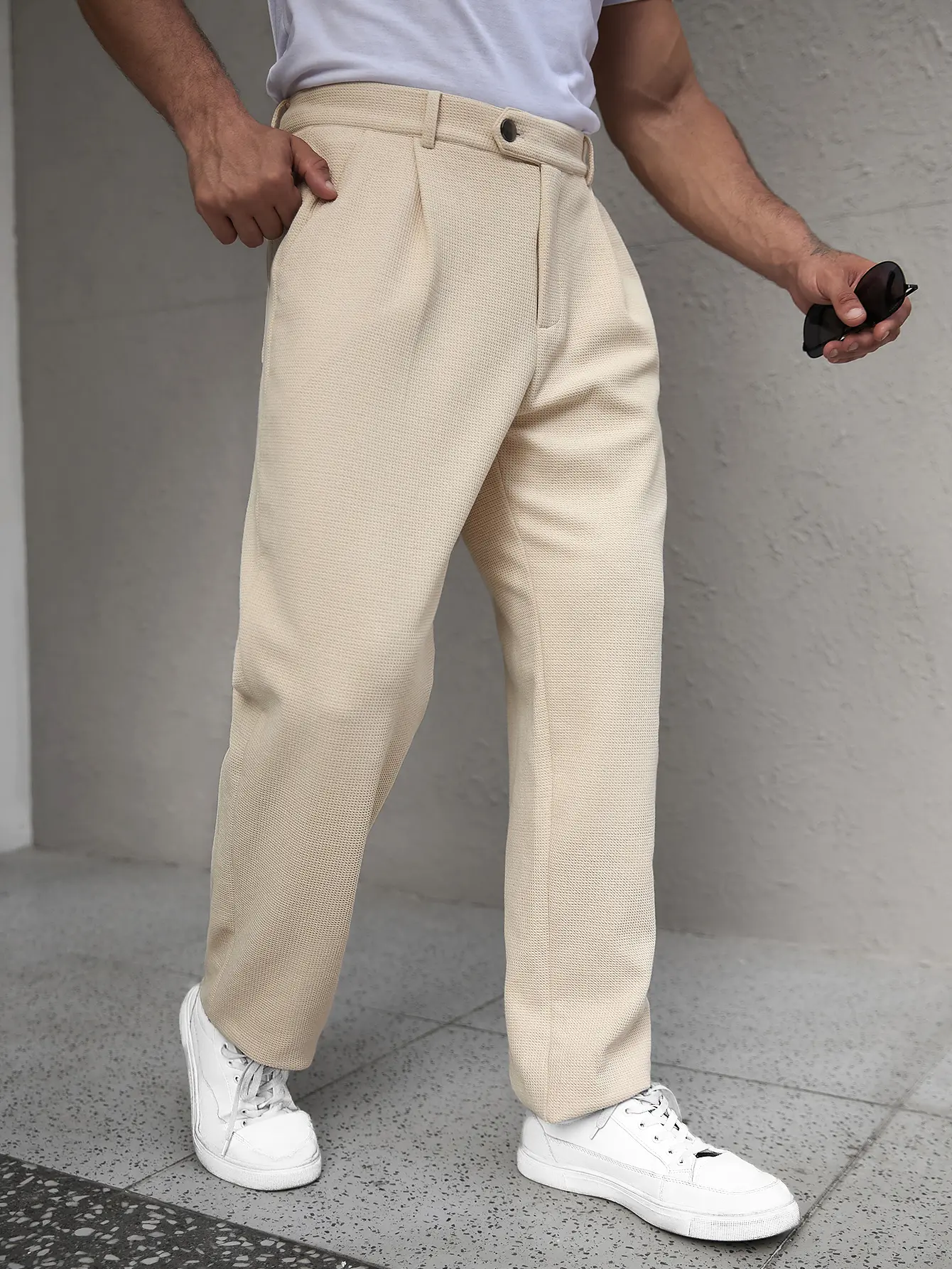Men’s cream waffle knit pleated straight leg casual dress pants – breathable textured fabric, single pleat, button closure & belt loops, relaxed fit, American Cleanfit commute pants for everyday wear, dates, and vacations