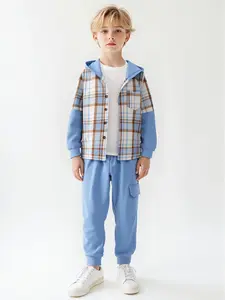 2-Piece Boys' Flannel Plaid Shirt & Pants Set with Hoodie Sweatshirt Suitable for Fall, Winter, and Spring Ages 4-12
