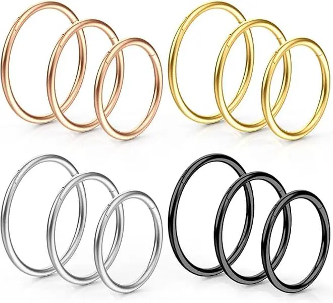 12PCS Hoop Nose Rings,316L Surgical Steel Hinged Nose Rings for Women Men, Nose Ring Hoop Septum Rings Cartilage Lip Rings Body Piercing Jewelry, Silver, Gold, Black, Rose Gold