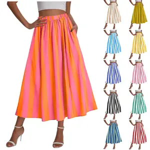 Womens Summer Striped Maxi Skirts A-Line Elastic Waist Flowy Skirt Breathable Fabric Boho Beach Vacation Outfits