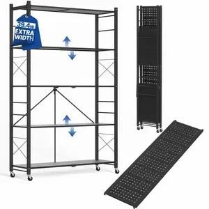 40" W Foldable 5-Tier Storage Shelf with Wheels, Adjustable & Removable Metal Rack, Heavy Duty Rolling Organizer for Kitchen, Garage, Closet, Pantry, and Office, Two colors