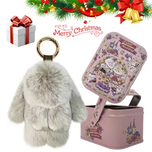 Handmade Snuggle Soft Bunny PomPom Keychain with Tin Box, Cute Snuggly Lulu Bunny Plush Keychain Charm, Chrismas Gift Gift Keychain for Women Gril