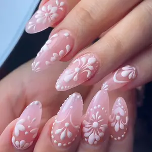 24pcs Almond Shape Silver Color French Tip Press-On Nails, Lace Design, Nail Art Design, Easy Wear Acrylic False Nail Set, Includes Glue and File, Almond Fake Nails