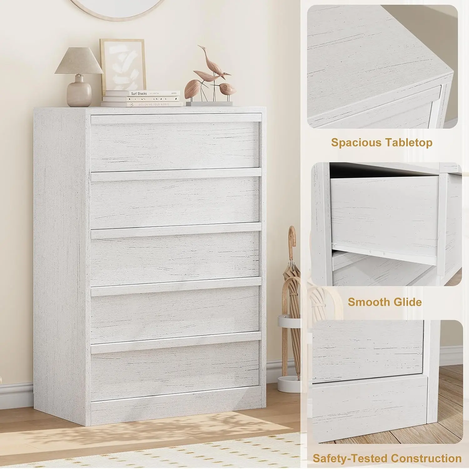 Polished Modern Engineered Wood 5-Drawer Dresser Set, Smooth Glide Drawers, Anti-Tipping Device for Bedroom and Nursery, White, Five-Drawer Set