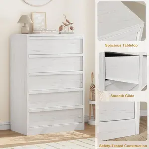 Polished Modern Engineered Wood 5-Drawer Dresser Set, Smooth Glide Drawers, Anti-Tipping Device for Bedroom and Nursery, White, Five-Drawer Set