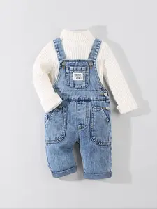 Baby Denim Bib Pants, Adjustable Shoulder Straps, Fashion Letter Patch, Comfortable Washed Snowflake Effect, Casual Daily Wear, Baby Clothing