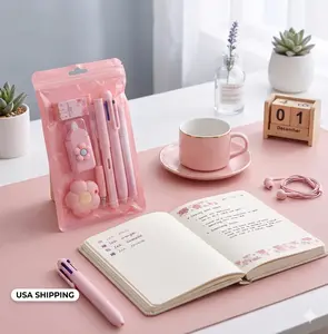 Pink Cherry Blossom Stationery Set, Cute Kawaii Aesthetic Complete Pen Kit, Flower Design Gel Pen Correction Tape Highlighter Bundle, Back to School Supplies Girls Student Office Cute Gift