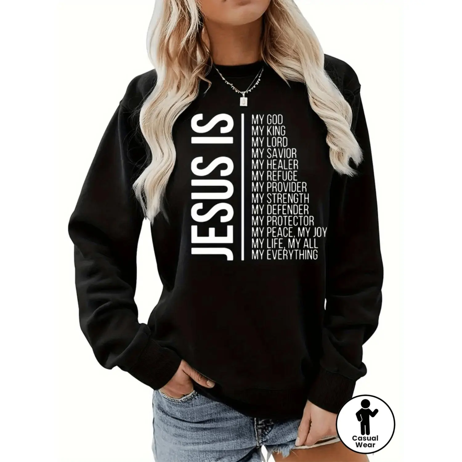 1pc Womens Is My Everything Inspirational Slogan Casual Crew Neck Pullover Long Sleeve Sweater for Autumn Winter Black