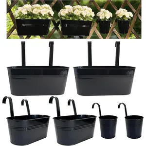 Set of 6 Balcony  Planters, 2 count 17" Metal Railing Flower Pots & 2 count 12" Deck Planter & 2 count 4" Fence Pot for Outdoor Patio Garden Decor, Black