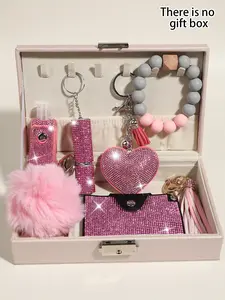 7pcs rhinestone shiny pink security key chain suit, fur ball key chain accessories, perfume bottle (empty bottle) key chain with storage bag and pompom card bag accessories kit fashionable and strong material suitable for women's gift