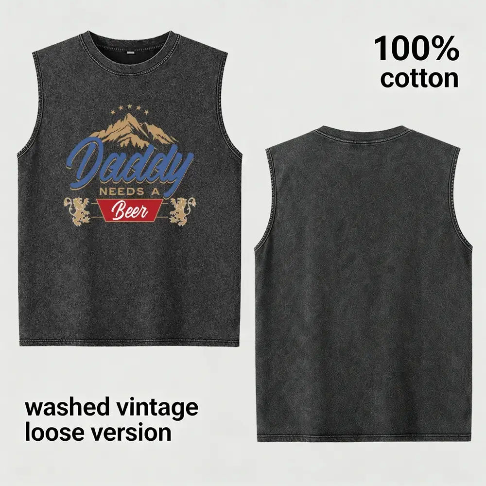 Men's 100% Cotton Vintage Washed Classic Charcoal Tank Shirt - Humor Print "Daddy Needs A Beer", Loose-Fit Sleeveless Streetwear Vest, Machine-Washable Menswear Gift for Dad