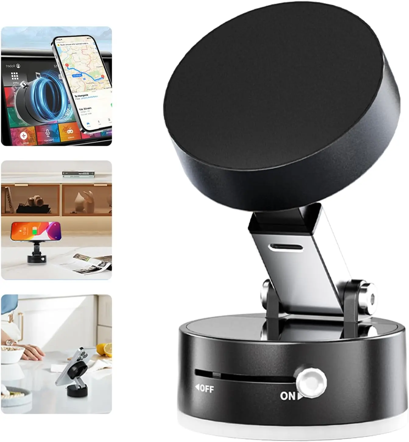 Magnetic Phone Holder Easy to Operate and Carry Foldable Adjustable Vacuum Magnetic Phone Holder for Car/Bathroom/Gym/Kitchen Multi-Scene Application Suction Cup Phone Mount(Black)