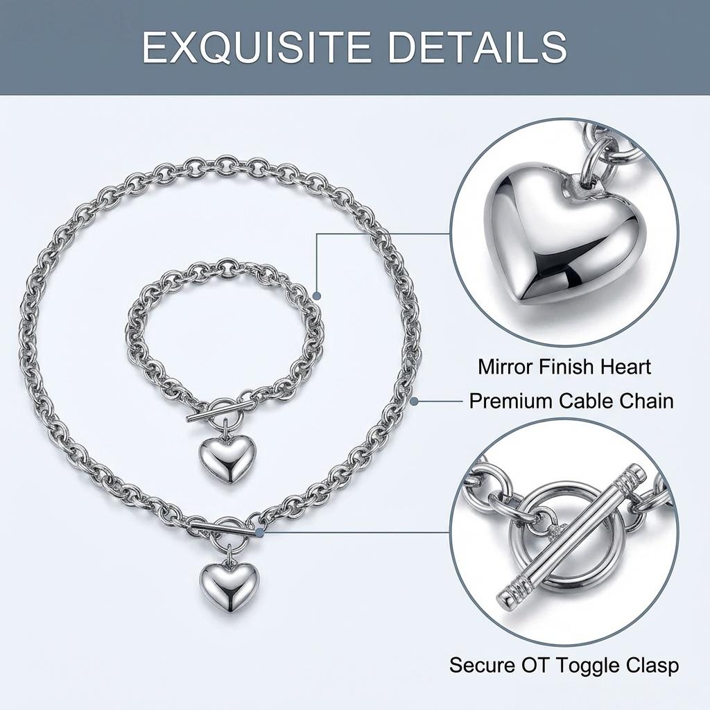 Women's Stainless Steel Heart-Shaped Delicate Pendant Necklace, Necklace and Bracelet Set, Clasp Closure, 8-inch Bracelet, 18-inch Necklace, Fade-Resistant and Durable, Comes with a Gift Box