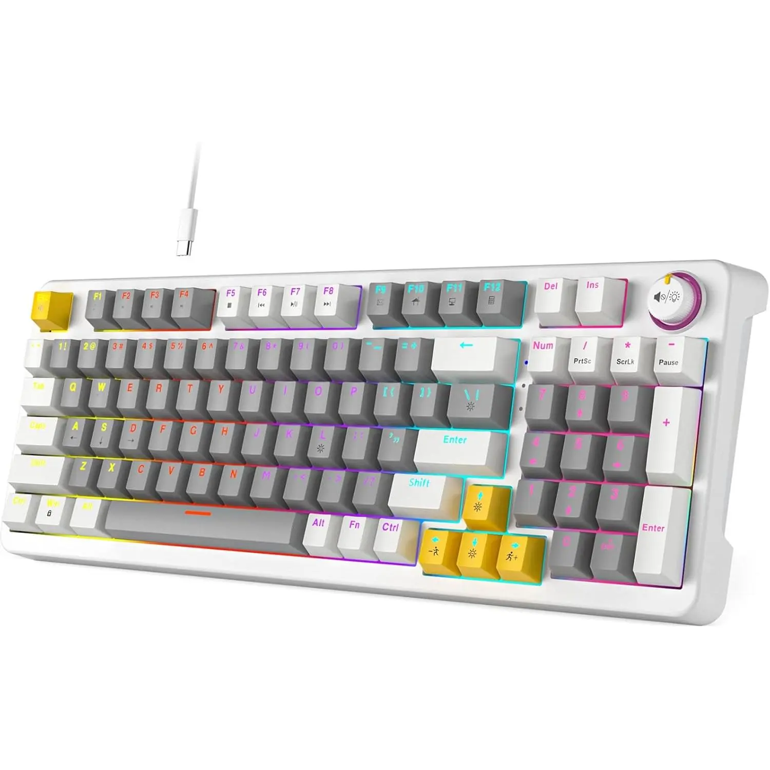 AK96 Mechanical Gaming Keyboard - 96% Layout, RGB Lighting, PBT Keycaps, Clicky Creamy Sound, USB Wired, Volume Control Knob, Media Controls, Kickstand, Non-Slip, Compatible with Windows PCs (Grey)