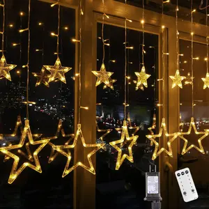 Christmas Lights 138 LEDs 12-Star Curtain Lights 8 Flashing Modes Window String Lights 8.2-Foot Connectable Hanging Lights Suitable for Indoor Bedrooms Ramadan Eid Wedding Backdrop Decor Warm White