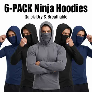6-piece set men's outdoor work sun protection clothing with sun-blocking hoodie, featuring built-in face mask and neck guard, breathable long-sleeve hoodie