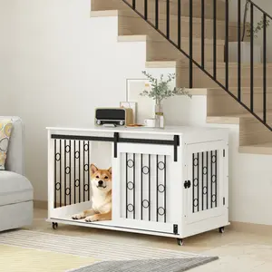 [Fahuac] 39” Farmhouse Dog Crate That’s Actually Furniture! Sliding Barn Door Kennel End Table, Indoor Wooden Pet House with Lockable Wheels – White
