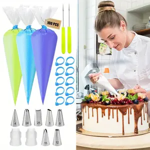 Piping Bags and Tips Set - 100 12Inch Disposable Pastry Piping Bags for Royal Icing with 7 Frosting Tips, 10 Icing Bags Ties, 2 Scriber Needle - Tipless Piping Bags Kit for Cookies & Cake Decorating