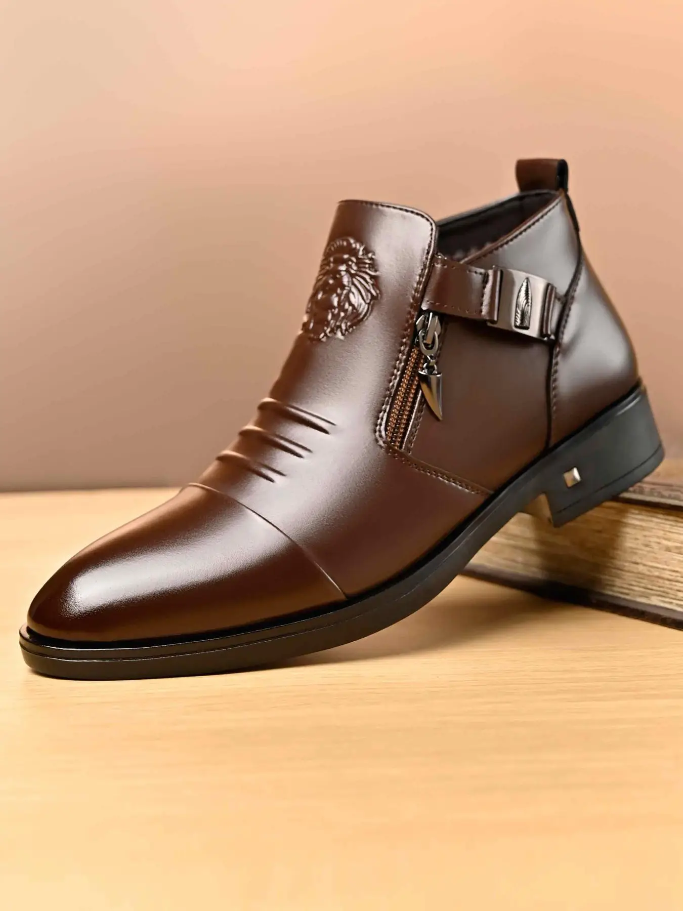 Men's Business Formal Lions Head Decor Zipper Boots, Fashionable Comfortable Shoes for Work Office, Male All-match Shoes for Daily Wear