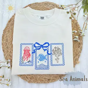 Sea Animals Stamps Embroidered Shirt, Beach Lover Shirt, Summer Embroidered Shirt, trendy Summer tee, Ocean Lovers Shirt, Sea Animals Tee